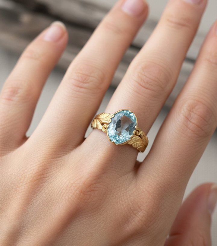 Aquamarin Ring aus 18 Karat Gold – Handgefertigte Eleganz mit Filigranarbeit
