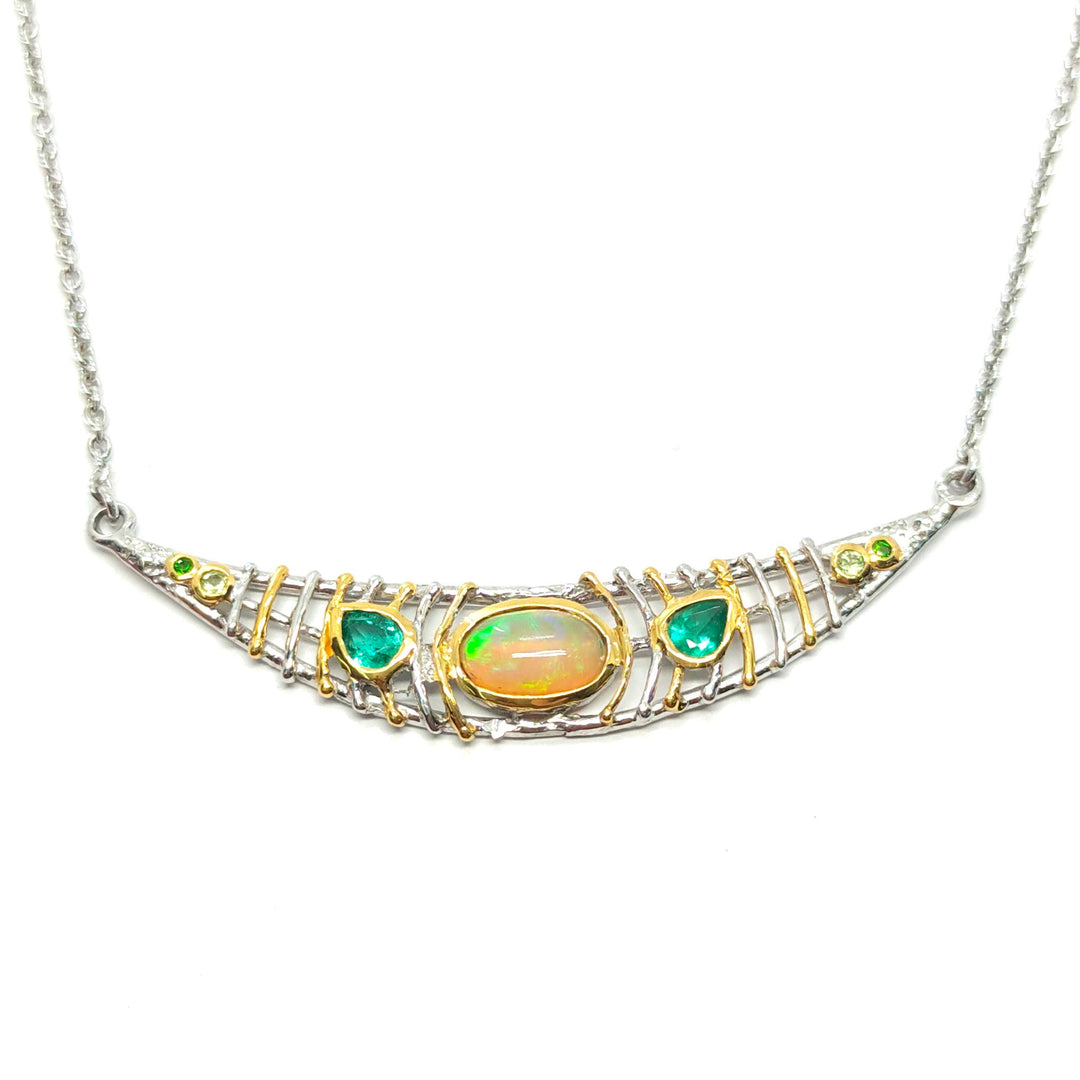 Collier Silber/Vergoldet mit Opal, Smaragd, Peridot und Chromdiopsid