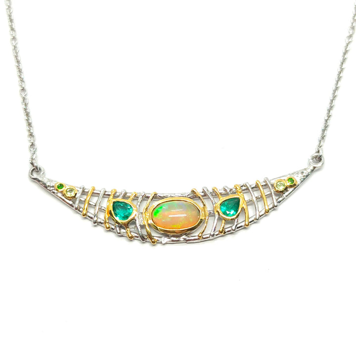 Collier Silber/Vergoldet mit Opal, Smaragd, Peridot und Chromdiopsid