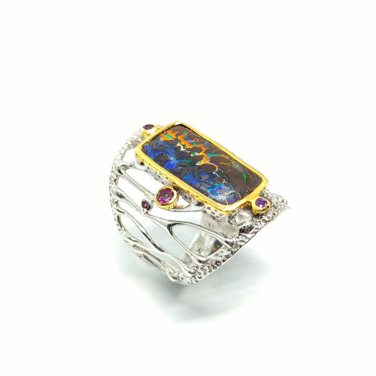 Unikat-Ring mit Matrixopal und Rubellit-Turmalin in 925 Silber – Gallardos-Design Schweiz