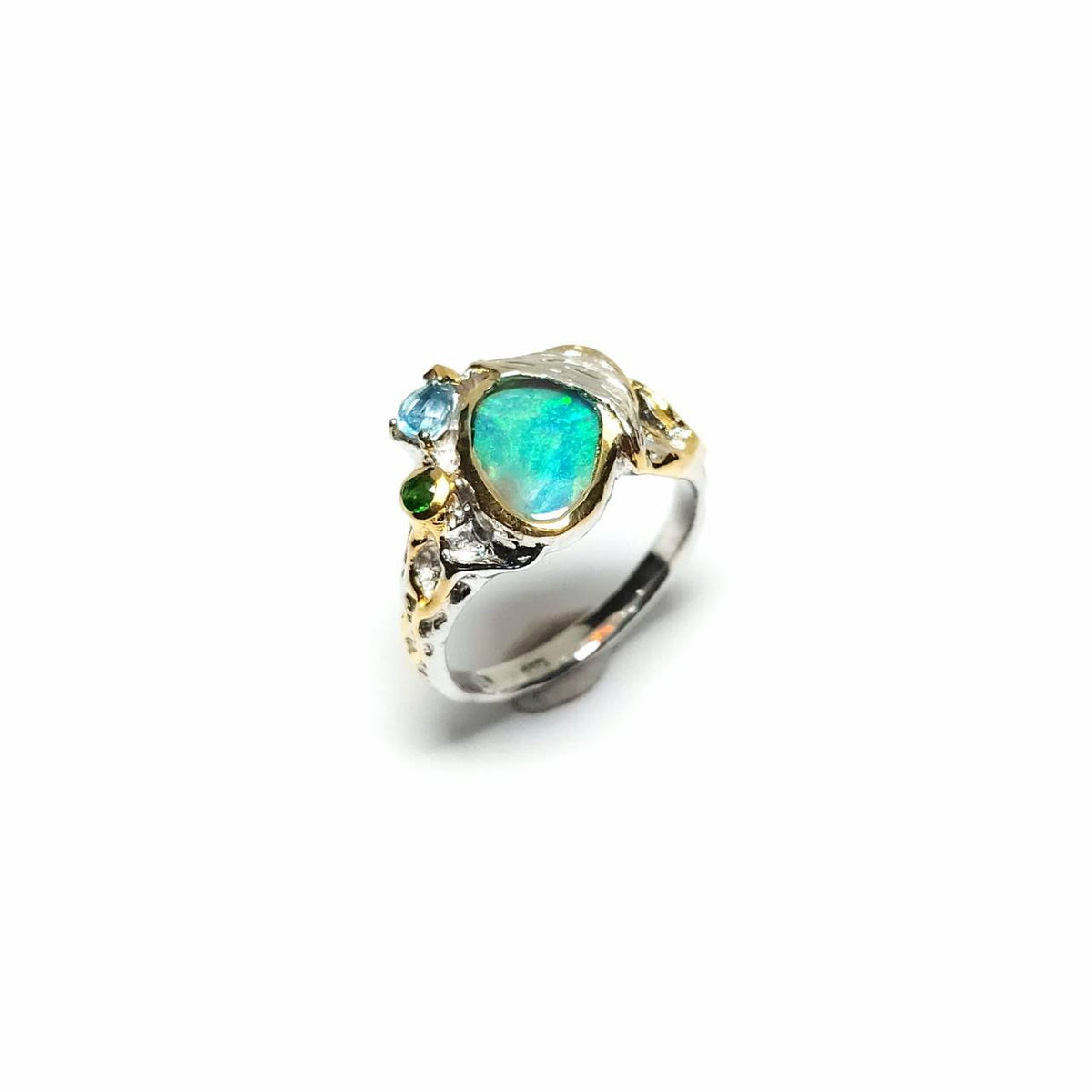 Freiform-Opal Ring mit Topas und Chromdiopside in 925 Silber – Gallardos-Design Schweiz