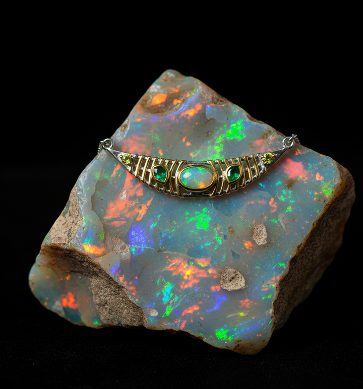 Collier Silber/Vergoldet mit Opal, Smaragd, Peridot und Chromdiopsid