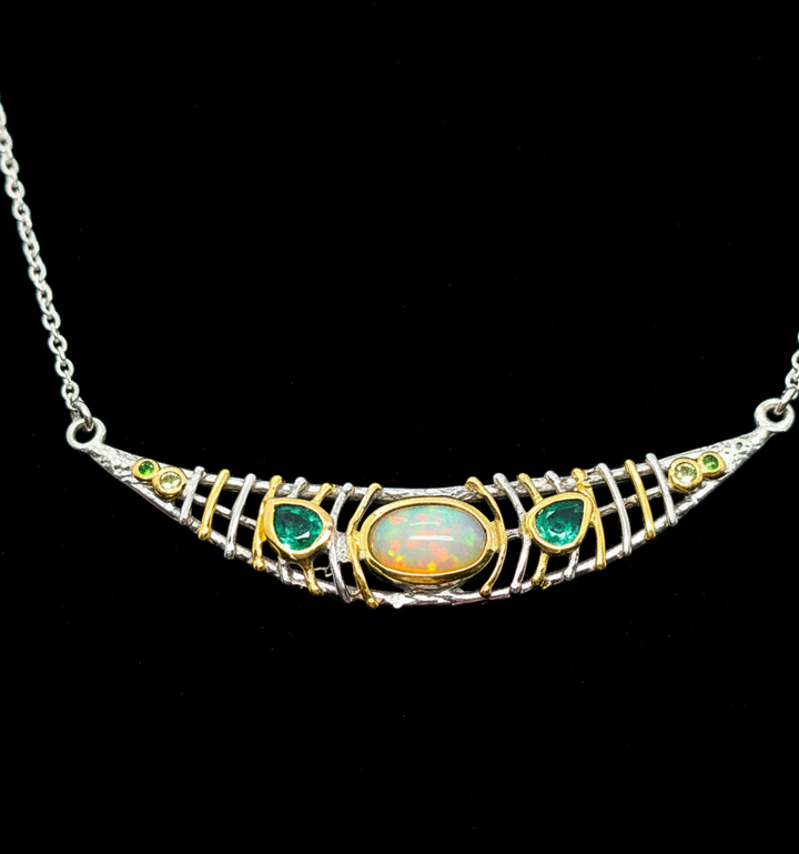 Collier Silber/Vergoldet mit Opal, Smaragd, Peridot und Chromdiopsid